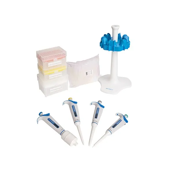 Mikropipet Başlangıç Seti · 4'lü (NERO) + Uç Kutuları + Karusel Stand — MSK-NRO-04 · Microlit