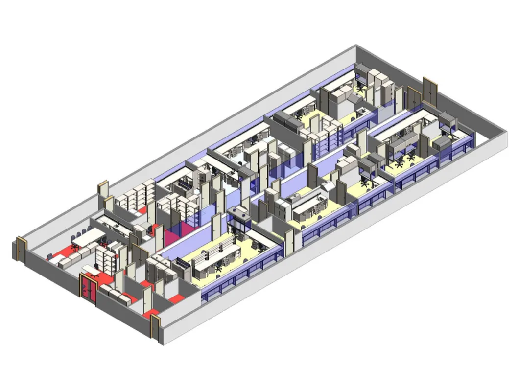 Çok disiplinli çiftlik laboratuvarının 3B mobilya yerleşimi