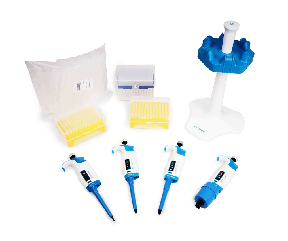 Mikropipet Başlangıç Seti · 4'lü (RBO) + Uç Kutuları + Karusel Stand — MSK-RBO-04 · Microlit