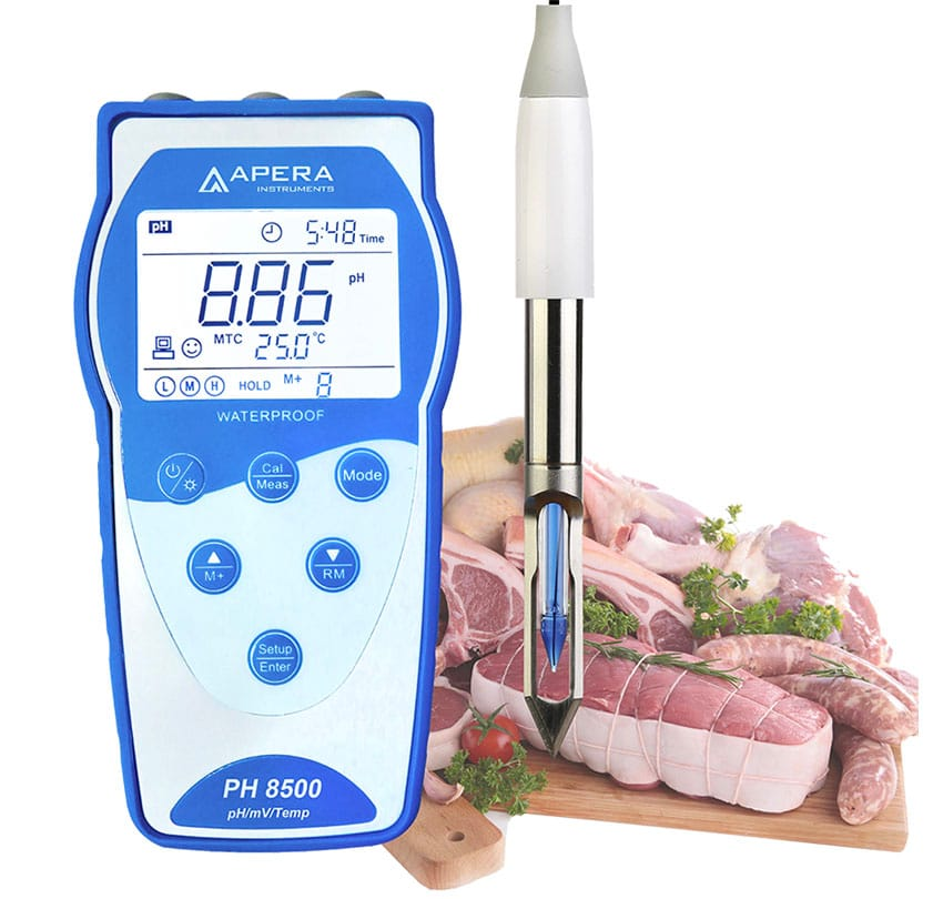 pH Metre · Taşınabilir GLP — Apera PH8500-MT, et, et ürünleri ve balık (katı gıda) için, elektrot dahil