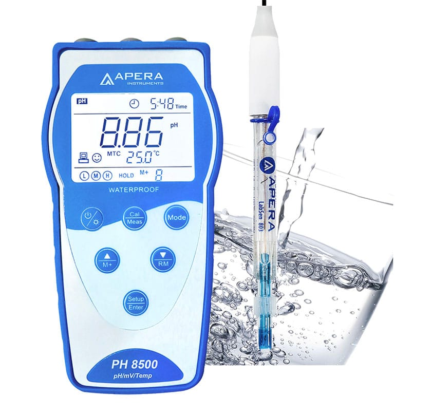 pH Metre · Taşınabilir GLP — Apera PH8500-PW, arıtılmış su (içme, RO, distile, deiyonize) için, elektrot dahil