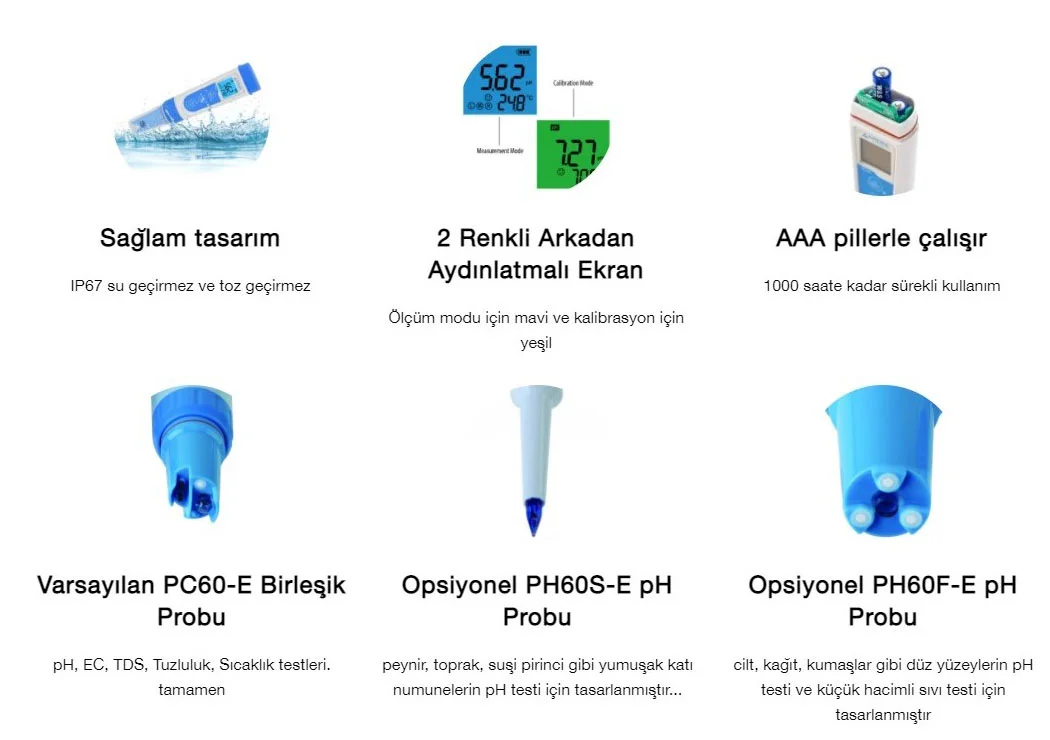Cep Tipi Premium Multiparametre (pH / EC / TDS / Tuzluluk / Sıcaklık) PC60